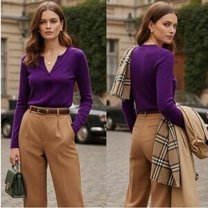 Stunning Ellen Tracy 100٪ Extra Fine Merino Wool Purple Knit Sweater